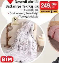 SARAR BATTANİYE DESENLİ AKRİLİK BATTANİYE TEK KİŞİLİK